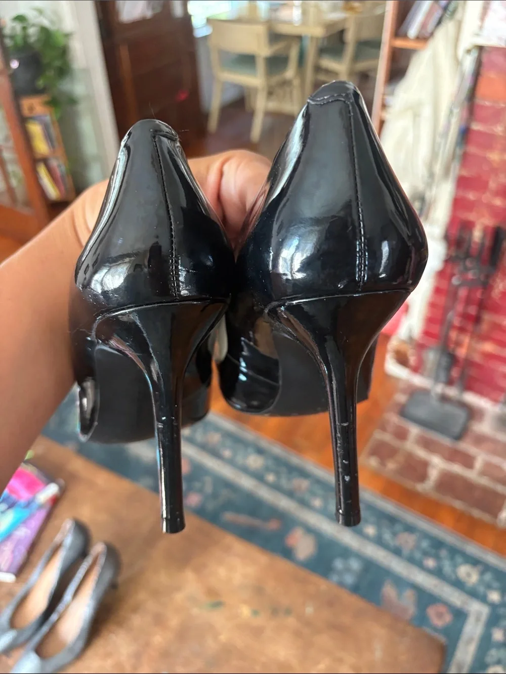 BCBGeneration Black Patent Pointed-Toe Pumps with Cream Trim